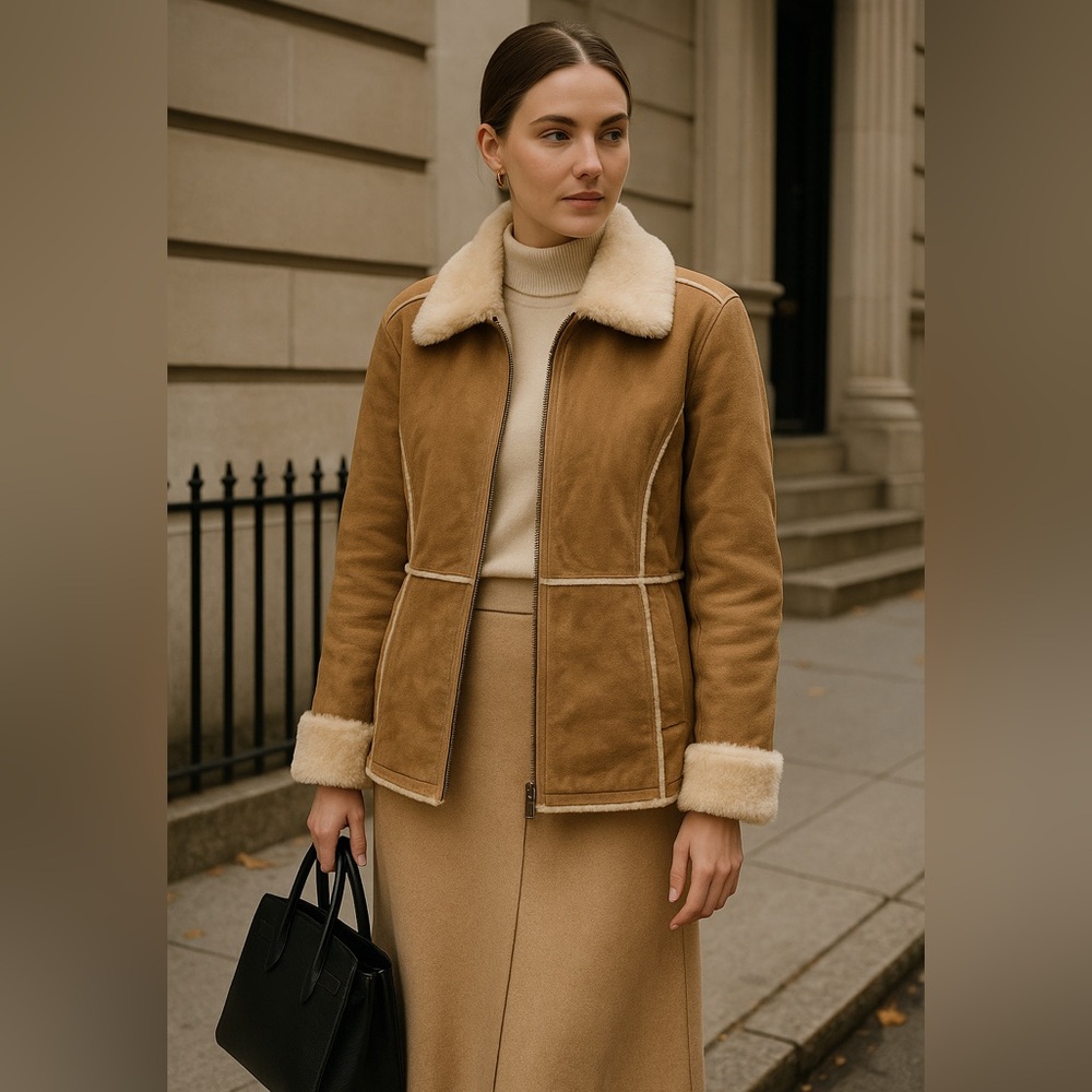 New York Classics Genuine Leather Shearling Jacket Coat Brown M